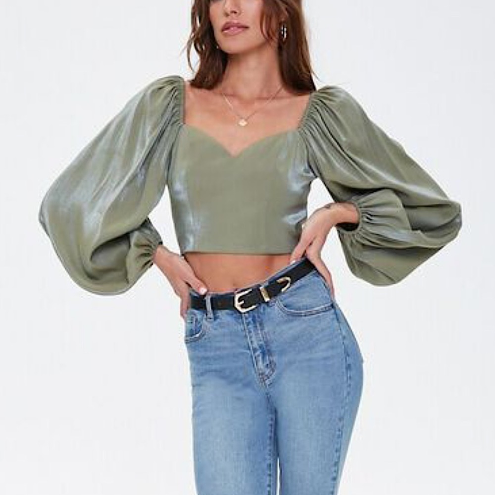 Forever 21 sage/olive shimmer long-sleeve crop top